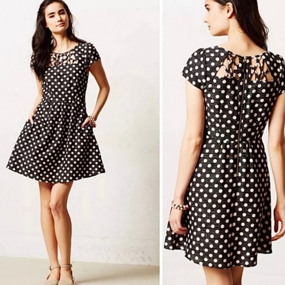 Maeve Polka Dot Fit & Flare Dress Black Pink Strappy Cut Out XS 2